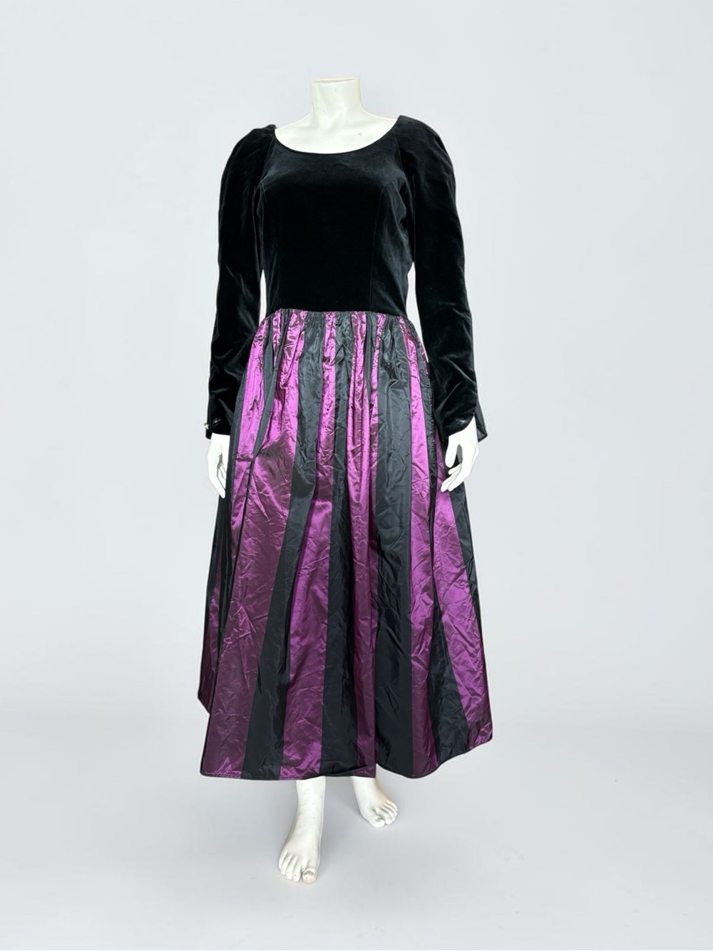 Vintage Laura Ashley Black Velvet Taffeta Princess Dress Size 12 Taffet Stripes